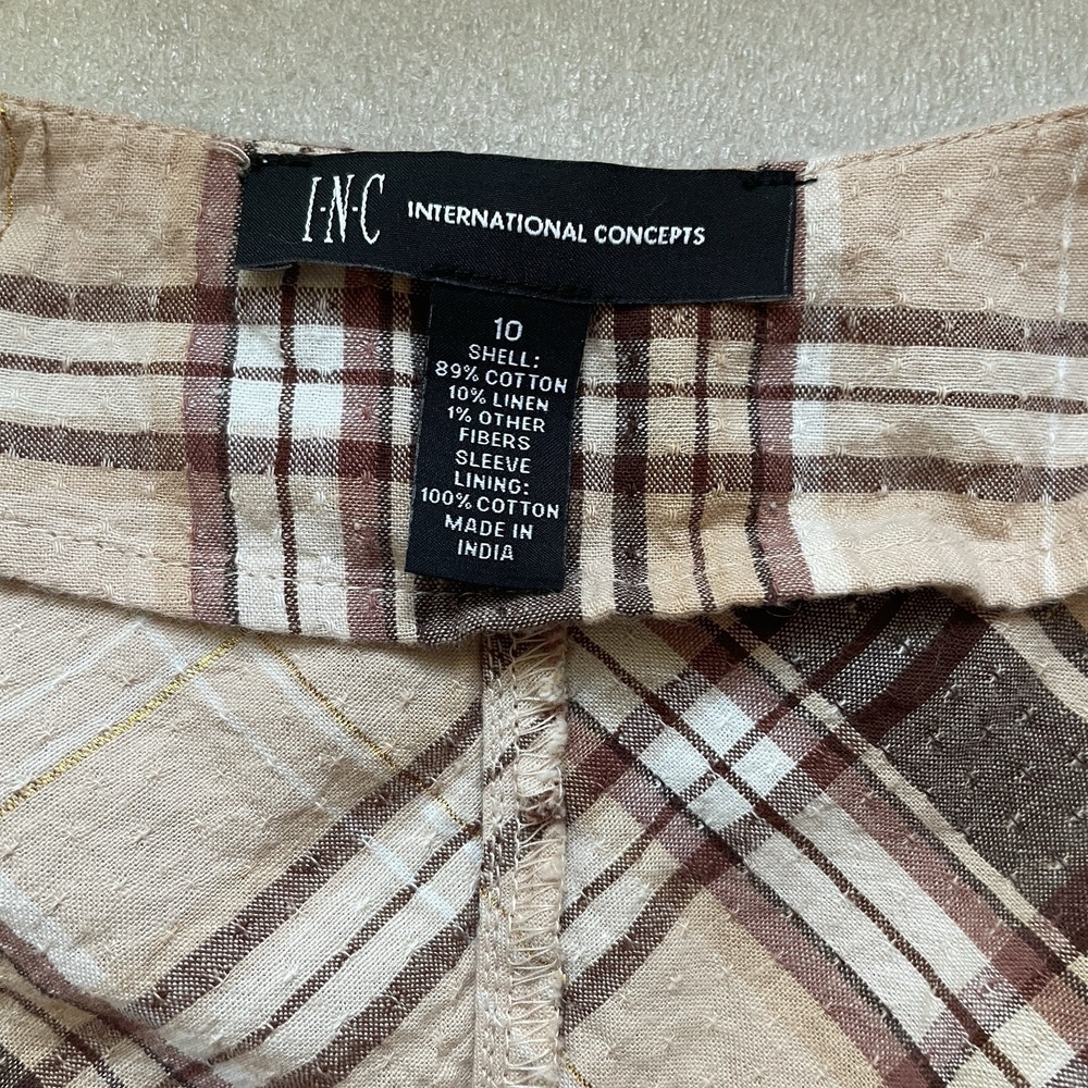Inc International Concepts Dress Women 10 Brown Plaid Linen Blend Faux Wrap Boho - Picture 7 of 14